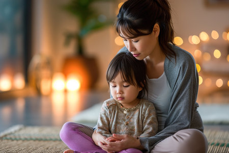 A parent guiding a child through a relaxation or meditation session.の素材