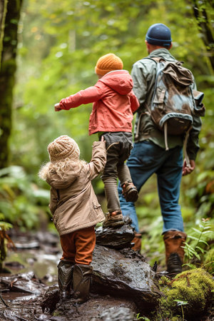 A family engaged in outdoor activities with a focus on presence. Moments in nature.の素材