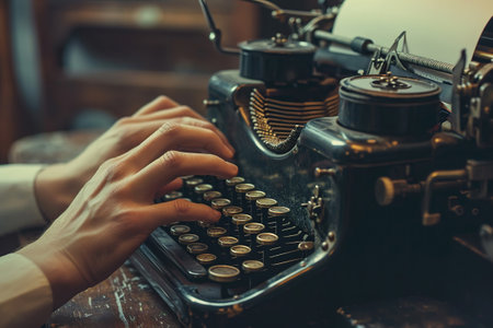 Hands using a classic typewriter with vintage paper in retro environmental.の素材