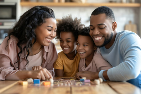 Family Playing board games or card games encourages cooperation, communication, and understanding of each other's emotions during wins and losses.の素材