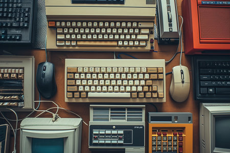 Close-ups of retro computer keyboards and mice. Vintage technology background.の素材
