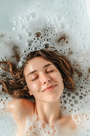Relaxation scenes, a woman enjoying a bubble bath. Close-up woman's face immersed in the bath and foam around her face.の素材