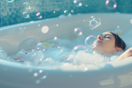 Relaxation scenes, a woman enjoying a bubble bath. Soap bubbles fly in the air.の素材