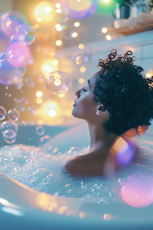Relaxation scenes, a woman enjoying a bubble bath. Soap bubbles fly in the air.の素材