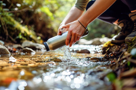 Filling, Close-up of a person filling a reusable water bottle from river in the forest.の素材