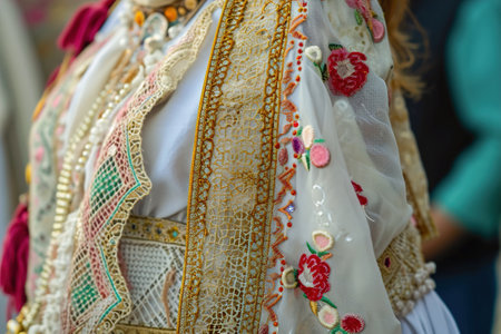 Close-ups of traditional clothing worn during celebrations.の素材