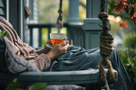 A person hold tea cup on a porch swing, enjoying the rhythmic motion and the calming aroma of the beverage.の素材