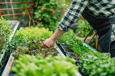 A person work on a hydroponic or aquaponic system with lettuce.の素材