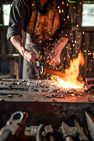 A blacksmith creating metalwork with traditional tools.の素材
