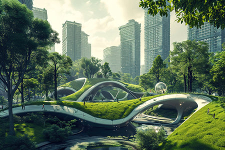 Futuristic city parks and green spaces with advanced technology.の素材