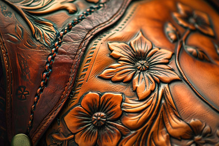 Close-up shot of leathercraft, tooling, and hand-stitching.の素材