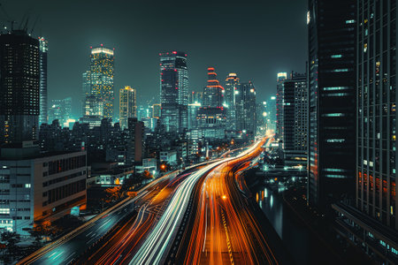 A cityscape at night with high-tech lighting effects.の素材