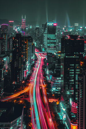 A cityscape at night with high-tech lighting effects.の素材