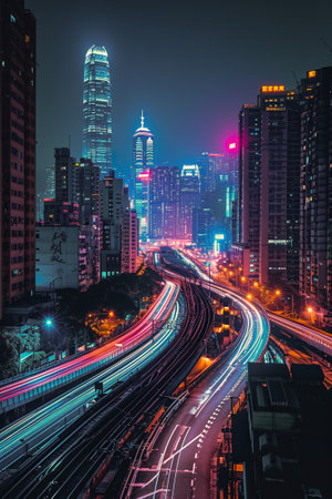 A cityscape at night with high-tech lighting effects.の素材