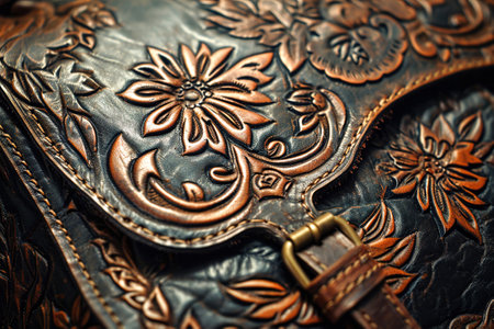 Close-up shot of leathercraft, tooling, and hand-stitching.の素材