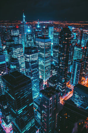 A cityscape at night with high-tech lighting effects.の素材