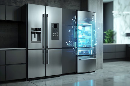 A smart refrigerator showcasing features and connectivity in the kitchen.の素材