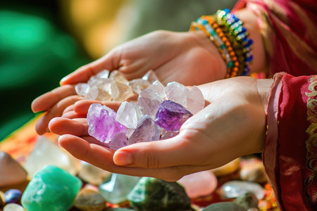 Close-up of hands using crystal therapy on a client.の素材