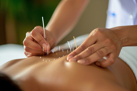 Acupuncture sessions with close-ups of the process on the body.の素材