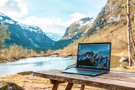 Laptop working setup in scenic locations on mountain lake coast. Remote work concept.の素材