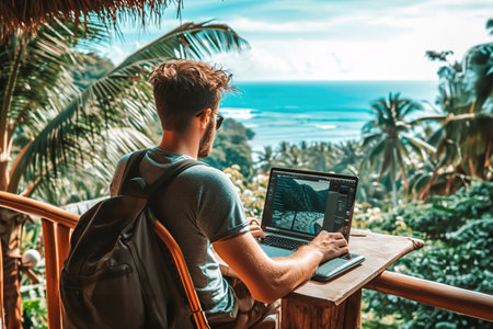 Capturing the flexibility and freedom of the digital nomad lifestyle. Person work remote on the beach.の素材