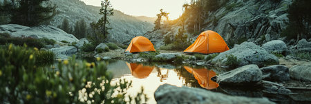 Adventurers camping in scenic wilderness locations in mountainの素材