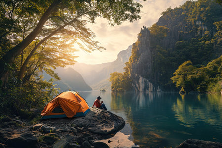 Adventurers camping in scenic wilderness locations in mountain.の素材