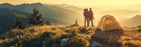 Adventurers camping in scenic wilderness locations in mountainの素材