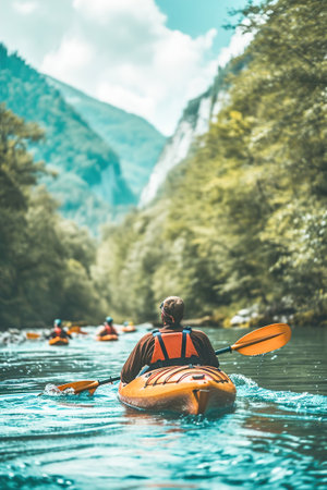 Outdoor enthusiasts engaging in water sports like kayaking and rafting.の素材