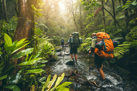 Backpackers exploring remote and untouched natural settings. They walk across the river.の素材