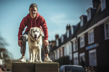 Man dog trainer trains a dog in an urban environment.の素材