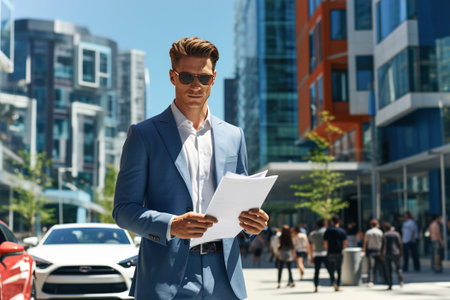 Insurance agent in a suit is looking at a insurance piece of paper, car and people on background.の素材