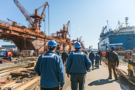 A group of men working on a dock next to a large ship in ship repair factory. Back side view. Ship building.の素材
