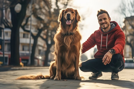 Man dog trainer trains a dog in an urban environment.の素材