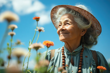 Old woman wearing a summer hat standing in a field of flowers in sunny summer day. Happy elderly woman.の素材