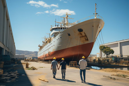 A group of men working on a dock next to a large ship in ship repair factory. Back side view. Ship building.の素材