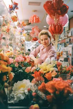 A woman standing in front of a flower shop. Cash register ans flowers on foreground.の素材