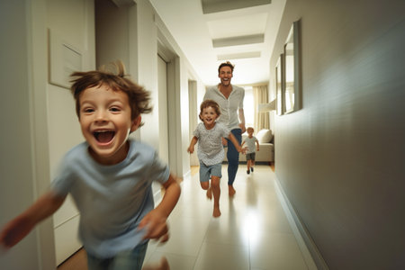 Father and children running in the house. Happy family is playing.の素材