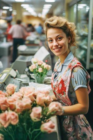 A woman standing in front of a flower shop. Cash register ans flowers on foreground.の素材