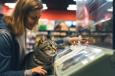 A woman is paying by credit card and holding a cat in a pet food store.の素材