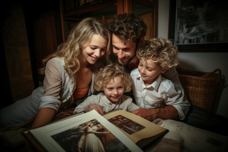 Family is looking at photo album with pictures on a table.の素材