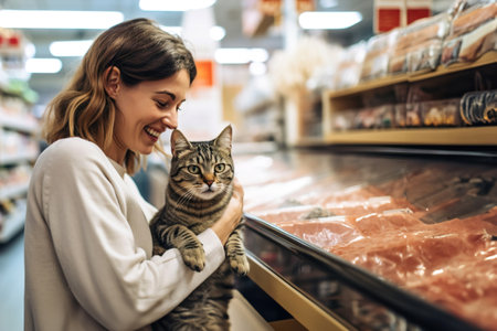 A woman is holding a cat in a pet food store.  Buying food for cat.の素材