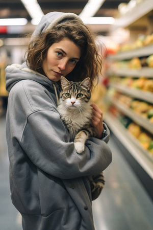 A woman is holding a cat in a pet food store.  Buying food for cat.の素材