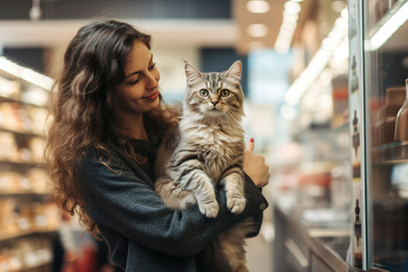A woman is holding a cat in a pet food store.  Buying food for cat.の素材