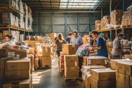Volunteer humanitarian workers working in large warehouse filled with lots of donated products.の素材