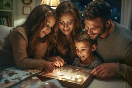 Family is looking at photo album with pictures on a table.の素材