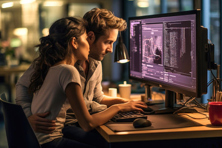A man and a woman programmers kissing in front of a computer in office. Couple in love showing love on work.の素材