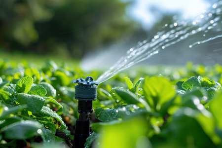 Irrigation systems such as drip irrigation, soaker hoses, and sprinkler placement based on plant types and water requirements.の素材