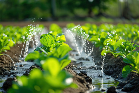 Irrigation systems such as drip irrigation, soaker hoses, and sprinkler placement based on plant types and water requirements.の素材