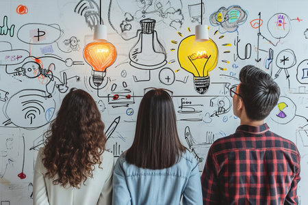 Visuals portraying individuals engaged in creative thinking and problem-solving with ideas.の素材